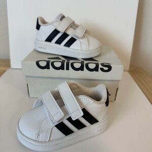 adidas Kids White Sneakers with Black Stripes Velcro